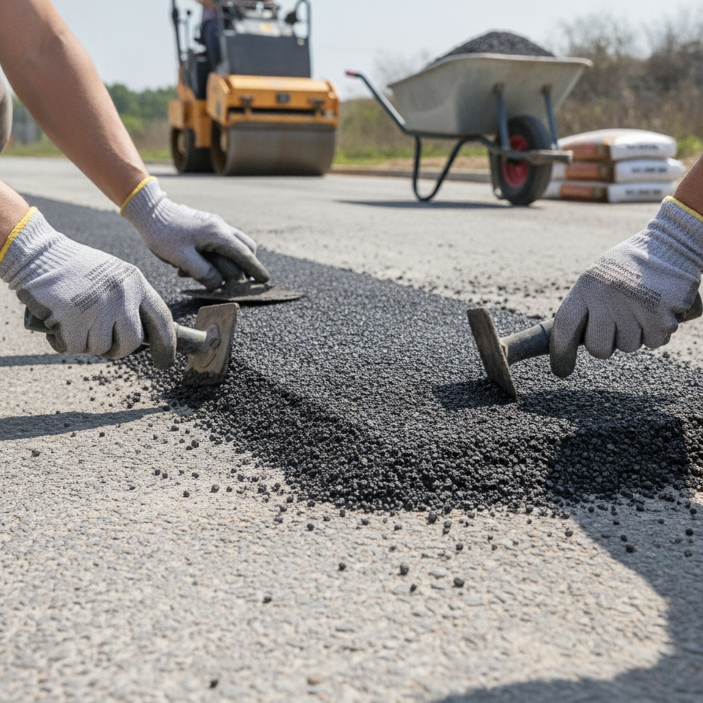 Speed Bump asphalt  Installation no peoples face just hands
